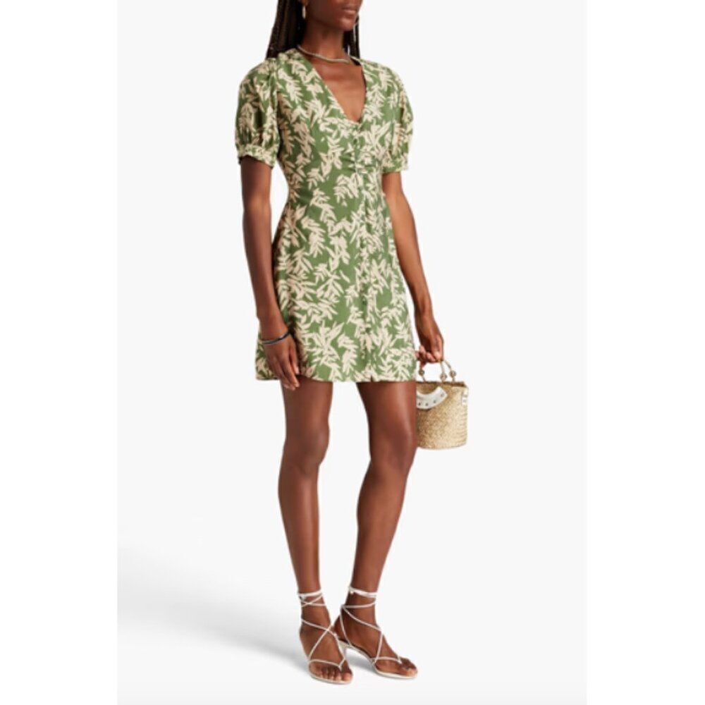 ba&sh green cream botanical floral Tais short sleeve lightweight mini dress